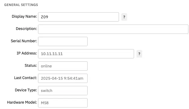 Meraki Device Settings Dashboard
