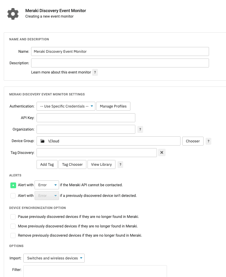 Meraki Discovery Settings Configuration